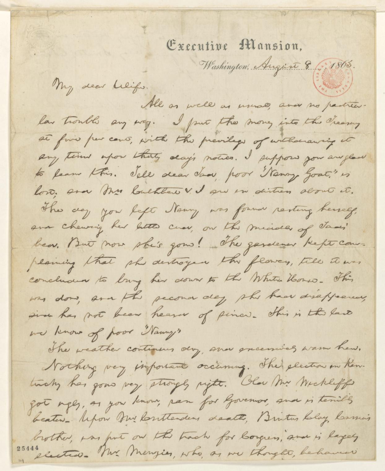 First page of Abraham Lincoln’s August 8, 1863 letter to Mary Todd Lincoln: connected cursive in brown ink on aged paper, beneath an Executive Mansion heading.